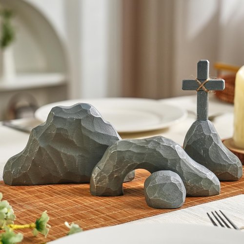 Empty Tomb Easter Decor with Cross, Easter Empty Tomb Resurrection Scene for Christian Decoration, Realistic Rock Resin Sculpture for Religious Display, Home Office Tabletop Tray, Church, Shelf Decor