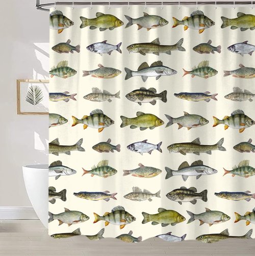 Sanzugh Rustic Cabin Fishing Shower Curtain, Country Lake House River Fish Hunting Fabric Shower Curtains Set for Men Bathroom Decorative with Hooks 72 X 72 Inch Camo Bath Decor