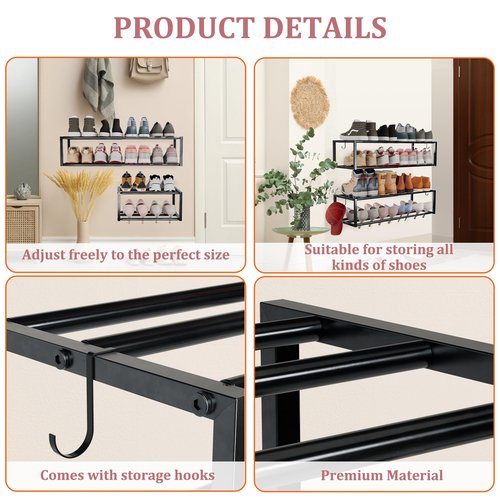 Jchccu 4 Pack Expandable Wall Mounted Shoe Rack, 17"-31" Adjustable Hanging Shoe Rack Holds 32 Pairs, Heavy Duty Metal Shoe Holder with 8 Storage Hooks, Space Saving for Entryway Closet Doorway（Black