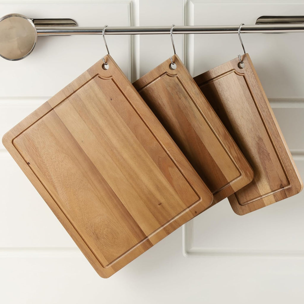 Sango Acacia Cutting Board Set - 3-Piece Wood Chopping Boards with Juice Grooves & Hanging Holes | Stackable, Reversible, Non-Toxic Design for Kitchen