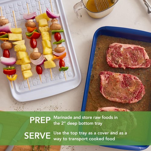 Tovolo Steak Marinating Container with Lid Large Grill Marinade and Prep Tray Set for Meat Veggies Burgers, Dishwasher Safe BBQ Marinating Tray with Cover for Thawing Prepping or Serving 17x10.5 in