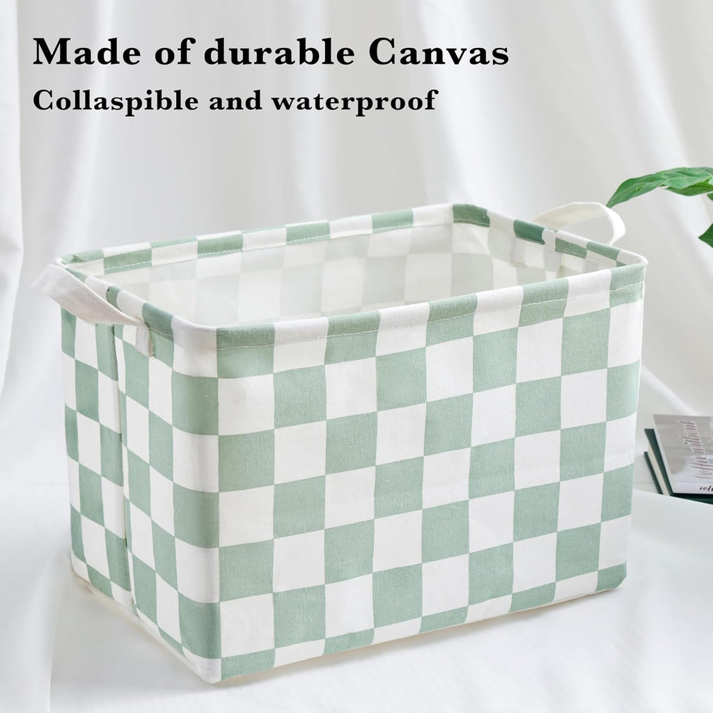 Ohocut Sage Green Checkered Canvas Basket - Decorative Storage for Kids & Pets | Organizing Solution for Home & Classroom