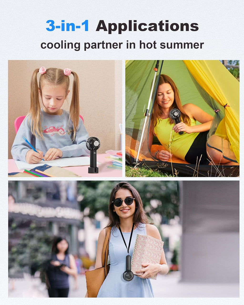 Skiennix Mini Handheld Fan - USB Rechargeable, 3-Speed Portable Design for Travel & Makeup - Black