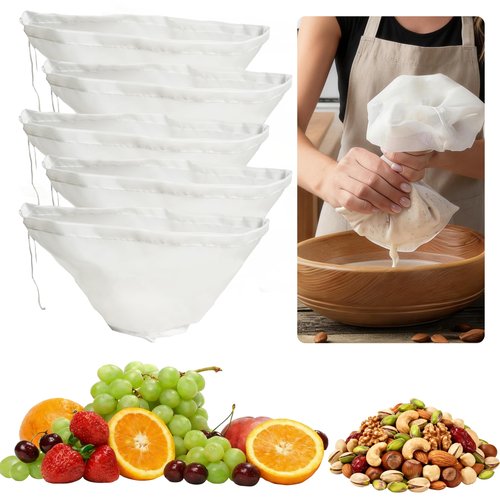5 Pack Reusable Fine Mesh Cheesecloth Bags for Straining, 14‘’x5‘’ Bowl-Shaped Food Filter Bag, Great for Nut Milk, Juice, Soy Milk, Nylon Juicer Bags(S)