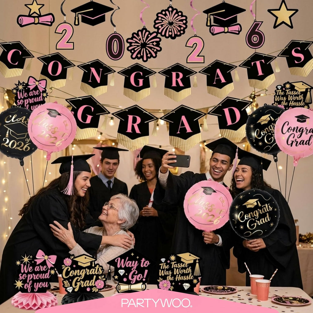PartyWoo Graduation Decorations - Class of 2026 Black, Gold & Pink 19-Piece Set with Congrats Banner & Balloons