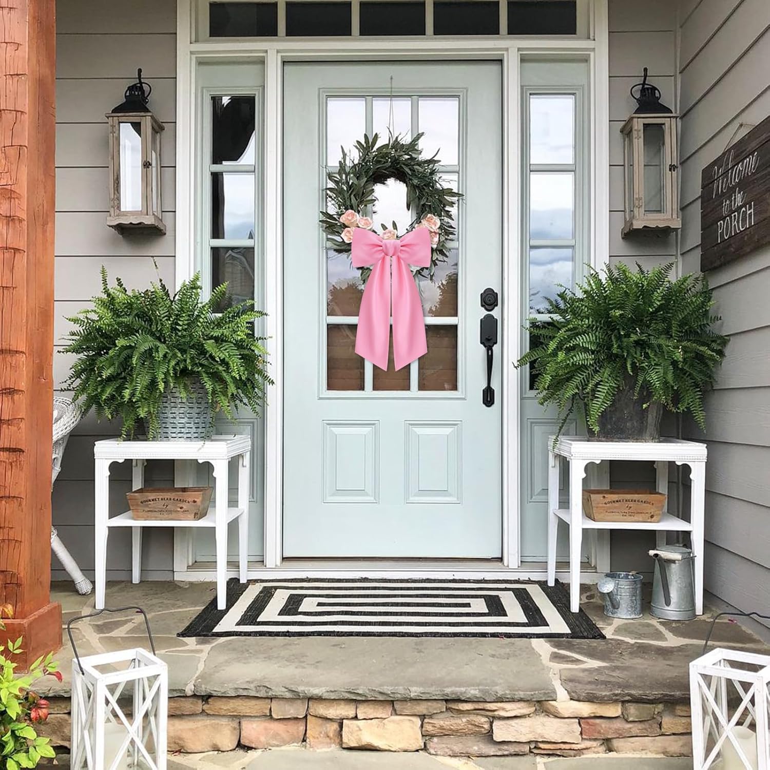 Skiennix Light Pink Wreath Sash - Elegant Linen Ribbon Bow for Front Door & Porch Decor
