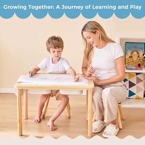Bateso Sensory Table for Toddlers 1-3 with 2 Chairs & Roll Paper, Wooden Kid Activity Table Chair Set with Double-Sided Boards and 2 Storage Bins for Sand and Water Play