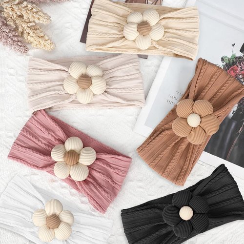 MIUXUESO Baby Flower Headbands - Soft Nylon Hair Accessories for Newborns & Toddlers | 3 Pcs Set (Yellow, Pink, Brown)