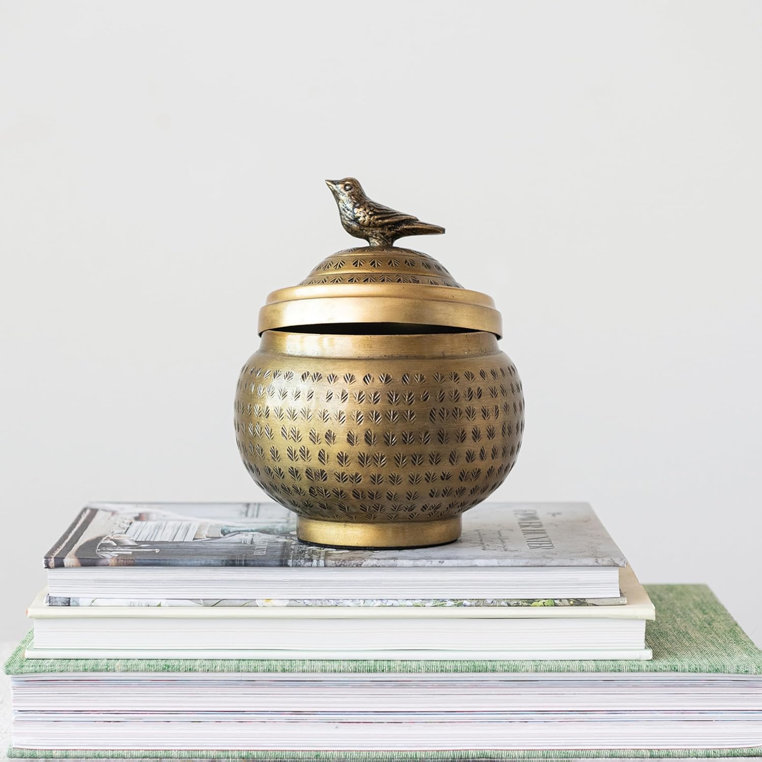 Round Hammered Metal Container - Elegant Bird Finial Design in Brass Finish