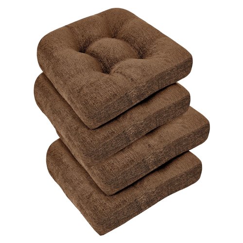 downluxe Chair Cushions for Dining Chairs 4 Pack, Tufted Indoor Chair Pads with Non-Slip Bottom, U-Shaped Kitchen Chair Cushions, 17"x17"x4", Brown