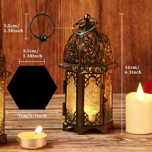 IMAGE Metal Candle Lantern - 6.7" Hanging Moroccan Birdcage Holder with Glass - Black Tabletop Decor