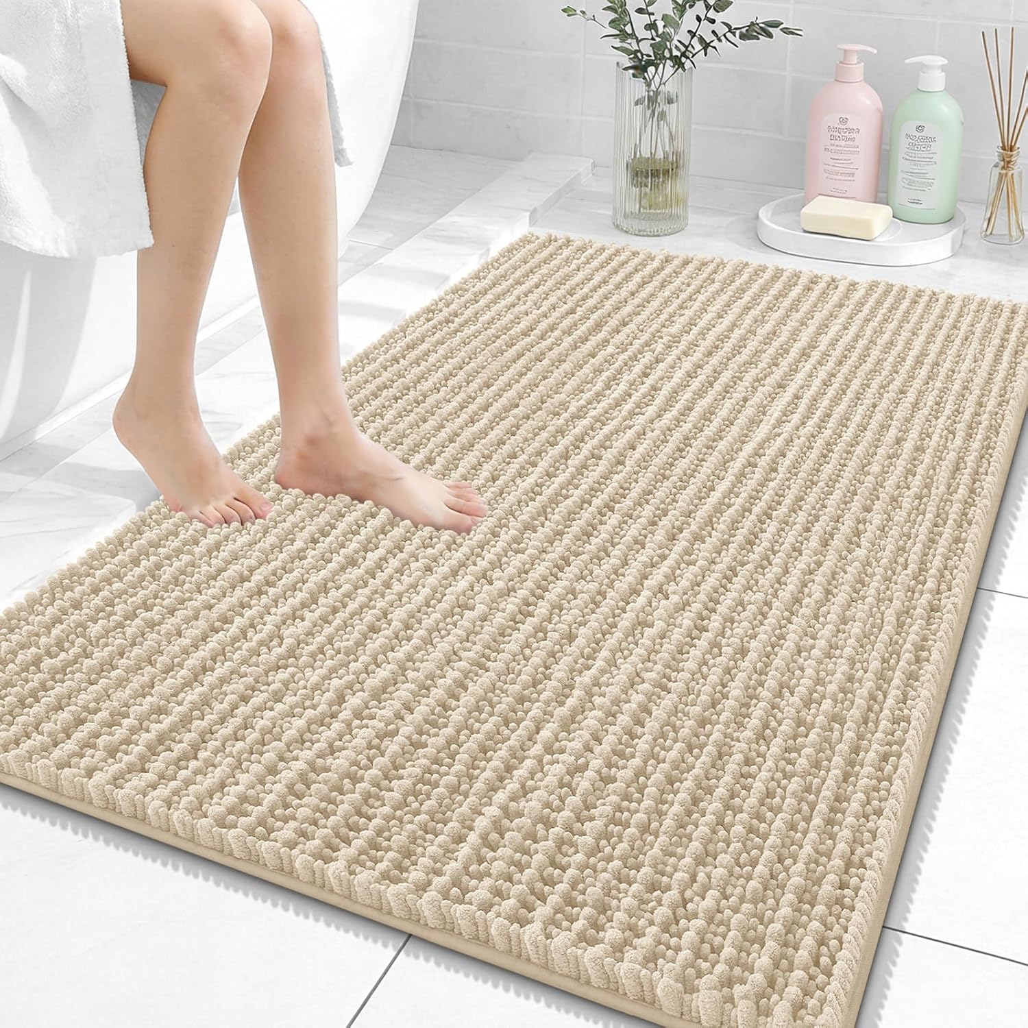 OLANLY Bathroom Rug Mat - Thick Soft Chenille Bath Mat with Non-Slip Backing | 40x32, Beige, Machine Washable