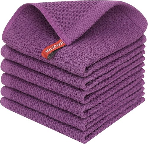 Homaxy Kitchen Dish Cloths - Ultra Soft 100% Cotton Waffle Weave, Quick Drying, 12x12 Inches, 6-Pack, Purple