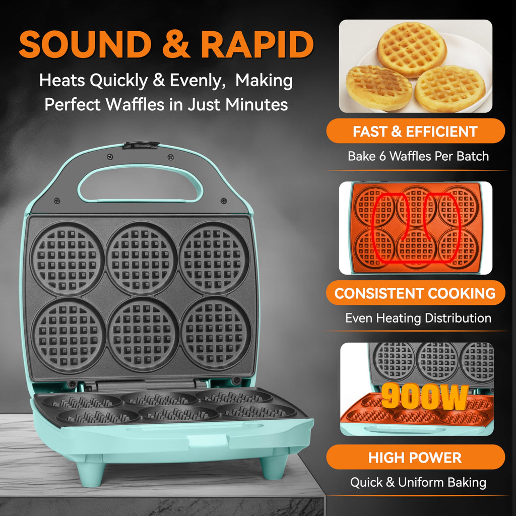 Baker's Friend Multi Mini Waffle Maker Machine, 6 x 3'' Small Waffle Iron, Perfect for Families and Individuals Use, Excellent Choice for Breakfast Brunch Parties & Events, Aqua