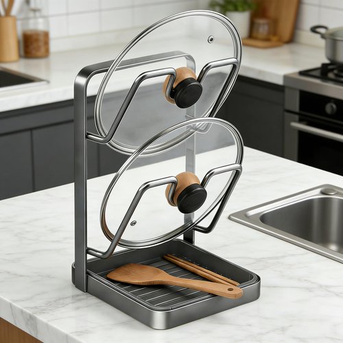 GROTOLY 2026 Kitchen Pot Lid Storage Rack,Double-Layer Pot Lid Holder With Tray,Multifunctional Kitchen Pot Lid Organizer for Countertop