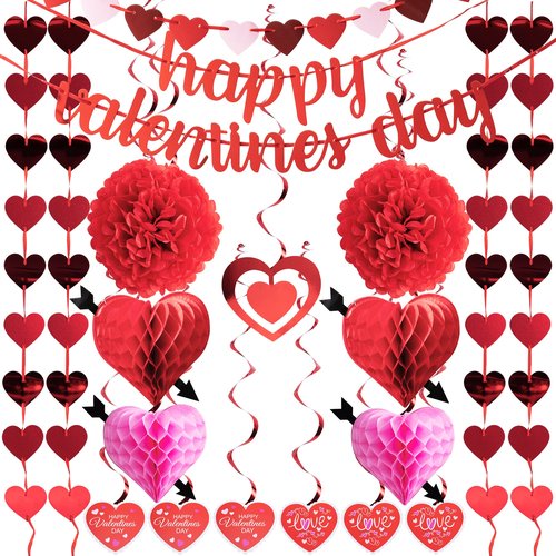 JOYIN 20 Packs Valentine’s Day Swirl String Cutout with Garland , Party Decoration Kit with Banner, Cutouts Swirls Garland, Tissue Fans &Poms for Valentines Party Supplies, Decor Wedding Anniversary