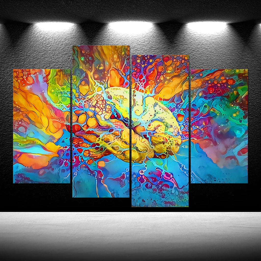 Large 4 Panel Psychedelic Brain Canvas Prints Inspirational Wall Art Left & Right Brain in Vivid Colors Pictures Science Poster Framed Canvas Print Artwork Office48x33inch