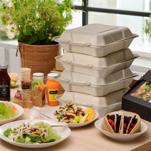ECOLipak 300 Pack Clamshell To Go Containers, 100% Compostable Disposable Take Out Food Containers, 8X8 inch 3-Compartment Heavy-Duty To Go Boxes