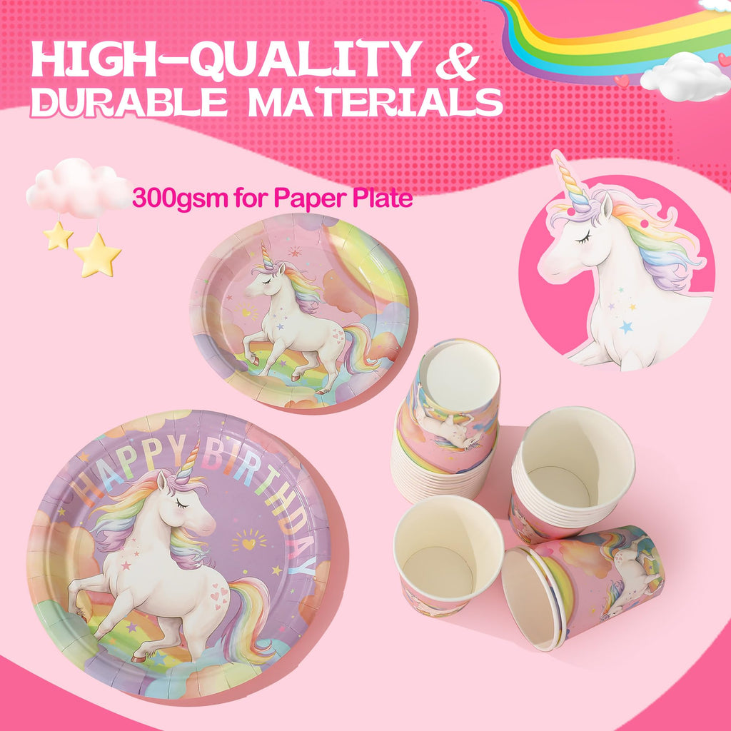 Zotmala Birthday Party Supplies Kit for 24 Guests, 170 Pcs for Unicorn Birthday Decorations, Includes Dinner & Dessert Plates, Napkins, Cups, Cutlery, Banner and Tablecloth