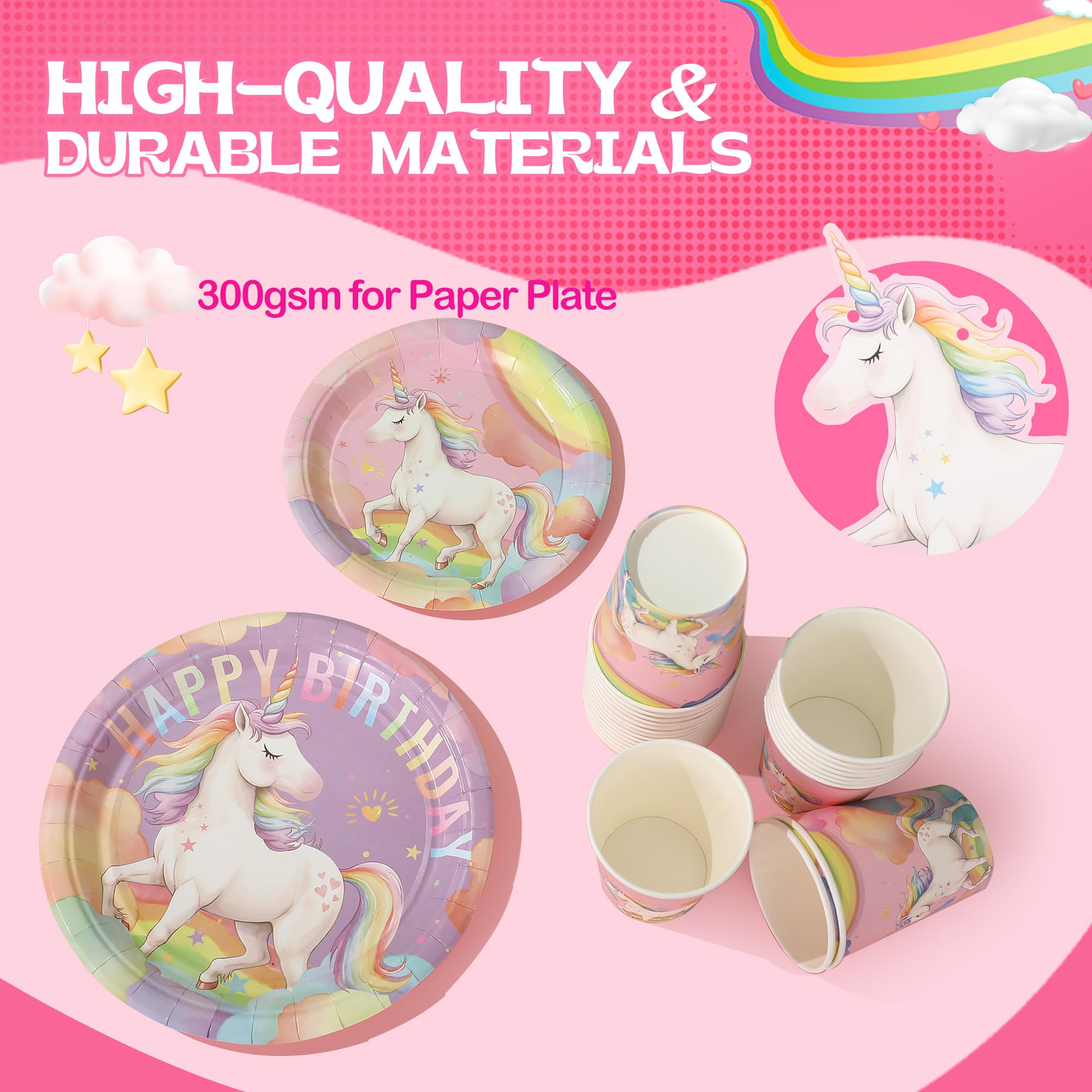 Zotmala Birthday Party Supplies Kit for 24 Guests, 170 Pcs for Unicorn Birthday Decorations, Includes Dinner & Dessert Plates, Napkins, Cups, Cutlery, Banner and Tablecloth