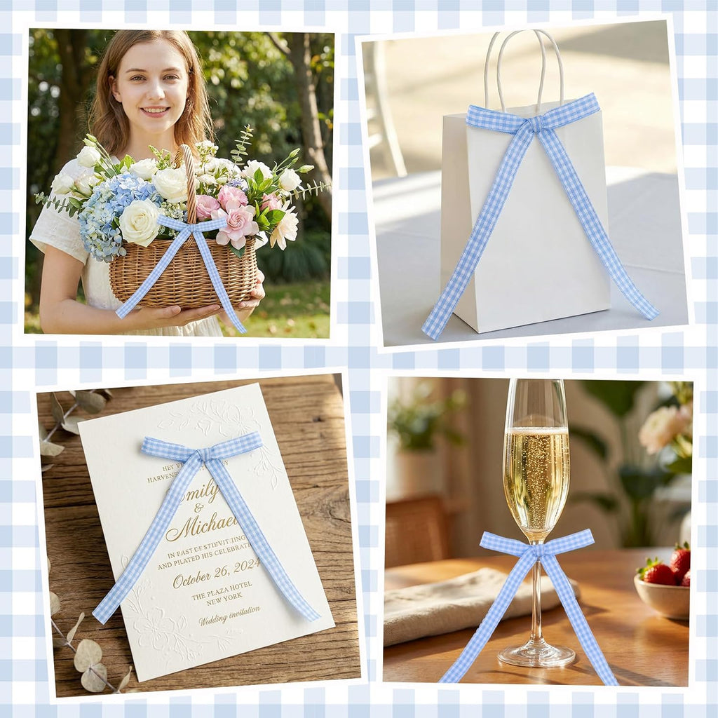 Skiennix 30 Pack Bow Cake Toppers - Blue Gingham Ribbons for Birthdays & Baby Showers