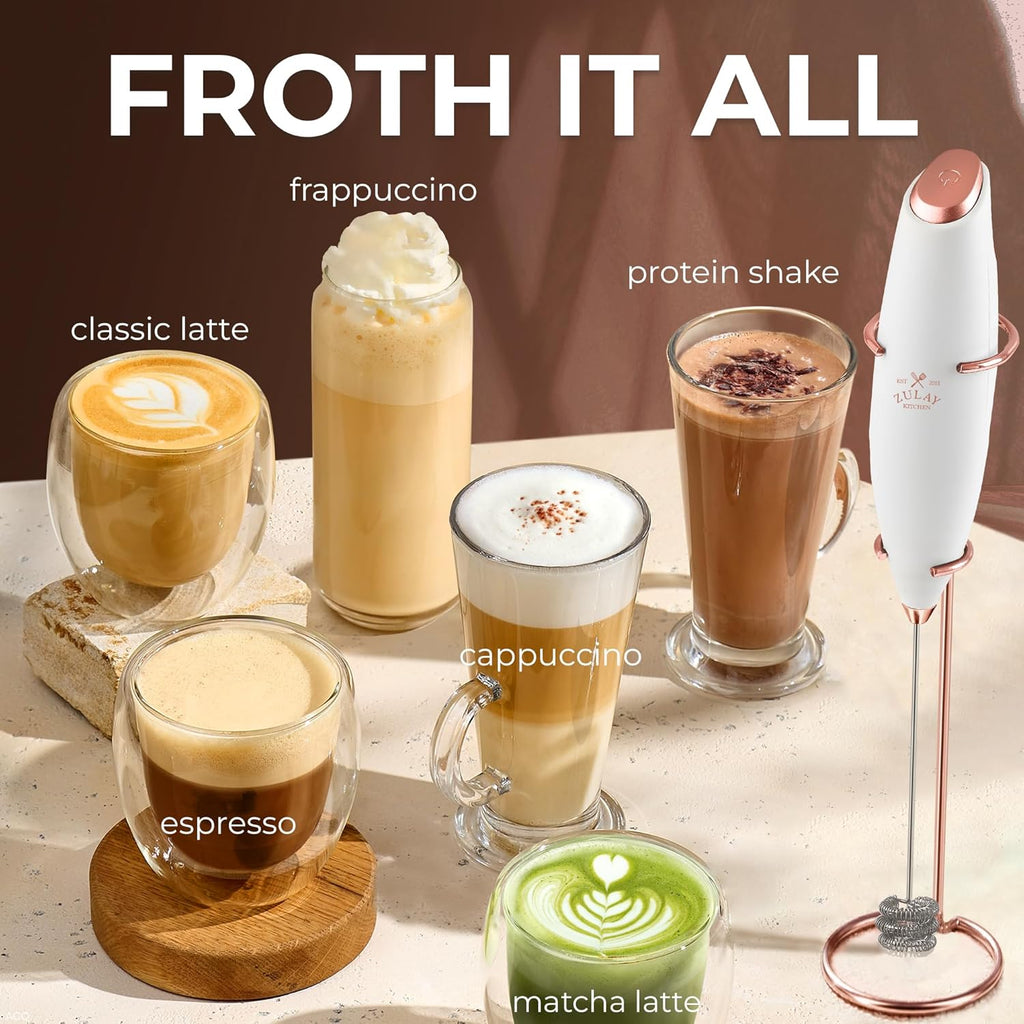 Zulay Kitchen Tornado Triple Whisk Milk Frother - Handheld Foam Maker for Coffee & Lattes - Gold Rose with 4 Duracell Batteries
