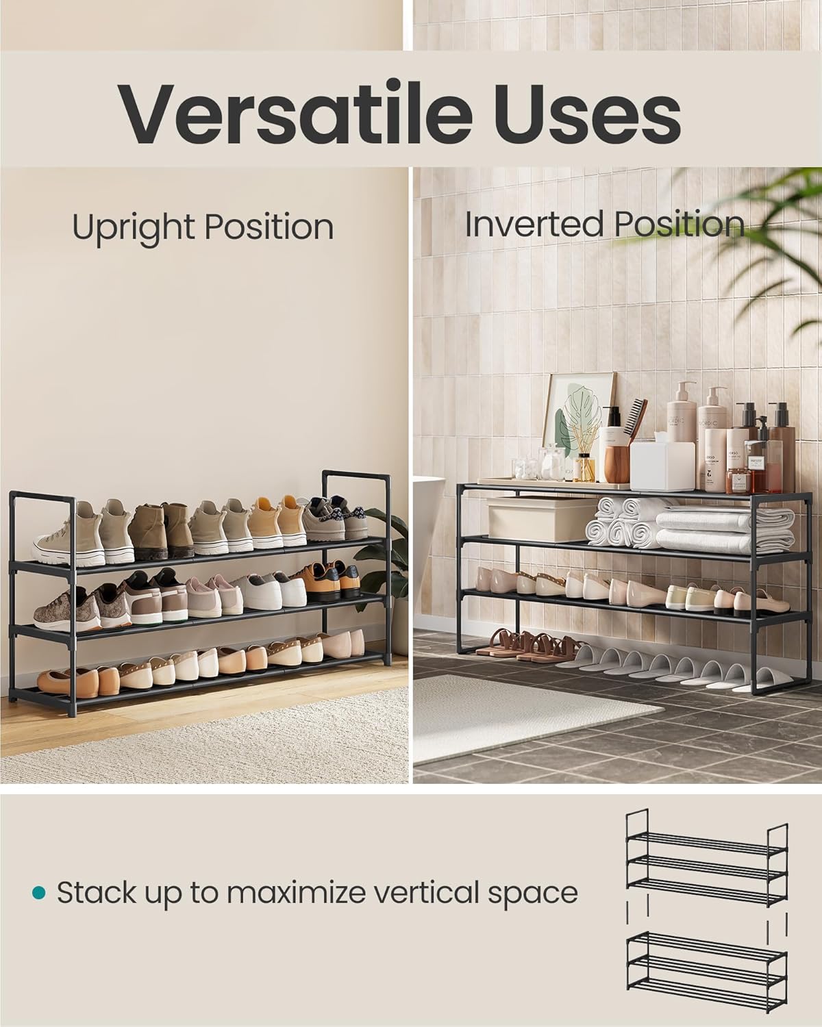 SONGMICS 3-Tier Shoe Rack - Stackable Metal Organizer for 20-24 Pairs - Black, 11.8 x 46.1 x 21.7 Inches