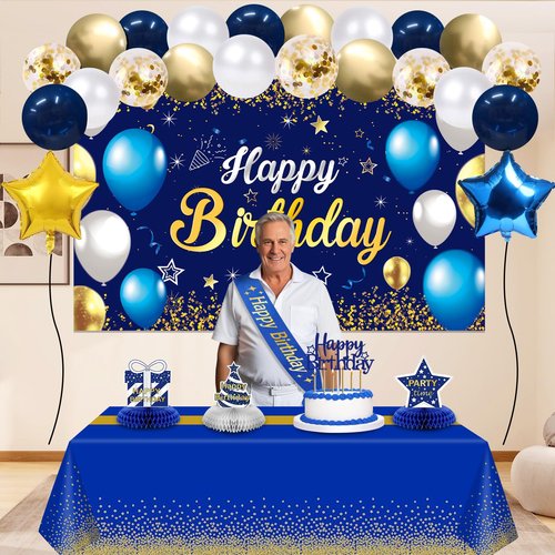 Birthday Decorations Navy Blue Gold - Happy Birthday Banner, Sash, Balloons, Tablecloth, Cake Topper, Candles,Table Decorations - 35pcs Party Decor for Men and Boys