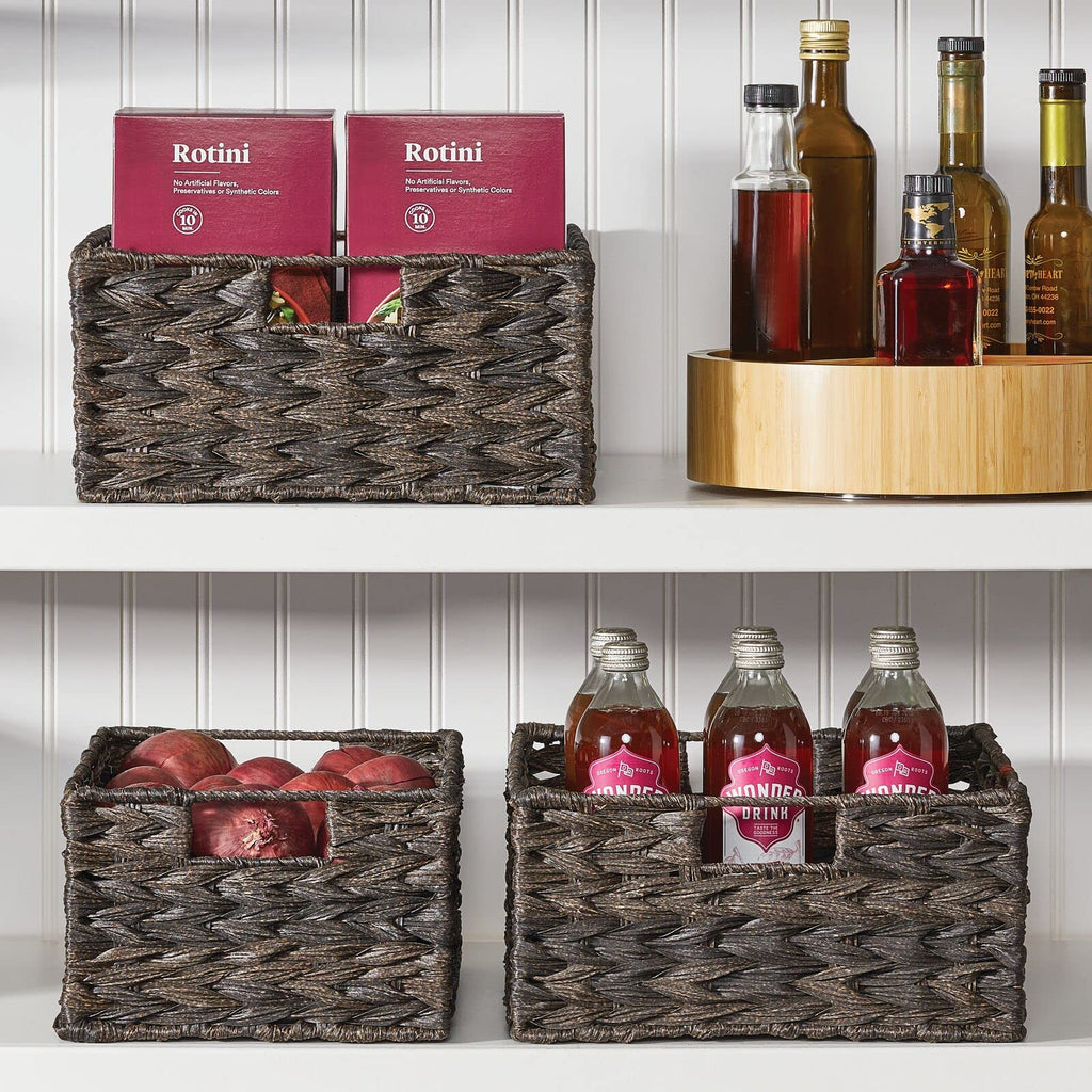 mDesign Woven Farmhouse Kitchen Pantry Food Storage Organizer Basket Bin Box - Container Organization for Cabinets, Cupboards, Shelves, Countertops - Store Potatoes, Onions, Fruit, 6 Pack, Camel Brown