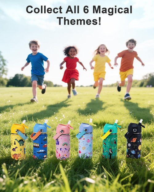 Kids Water Bottle 14oz with Silicone Straw Lid - Insulated Toddler Water Bottle Stainless Steel Keeps Cold 24H, Leak Proof & Cars Trucks Prints Design | Custom Name Tag for School, Daycare, Travel