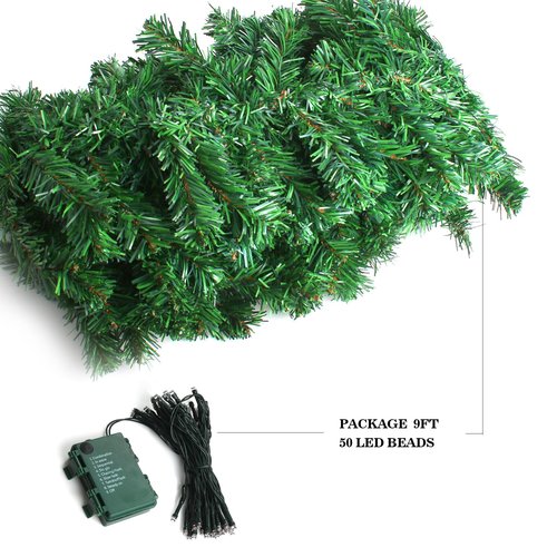 10FT Pre-lit Christmas Garland with 50 LED Lights, Battery Operated with Timer, Lush Artificial Xmas Greenery for Indoor & Outdoor Holiday Decoration, Green