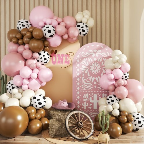 JOYFLOAT Cowgirl Dusty Pink Cow Balloon Garland Arch Kit, Light Pink Brown Sand White Balloons for Cowgirl Baby Shower Birthday Western Theme Party Decoration