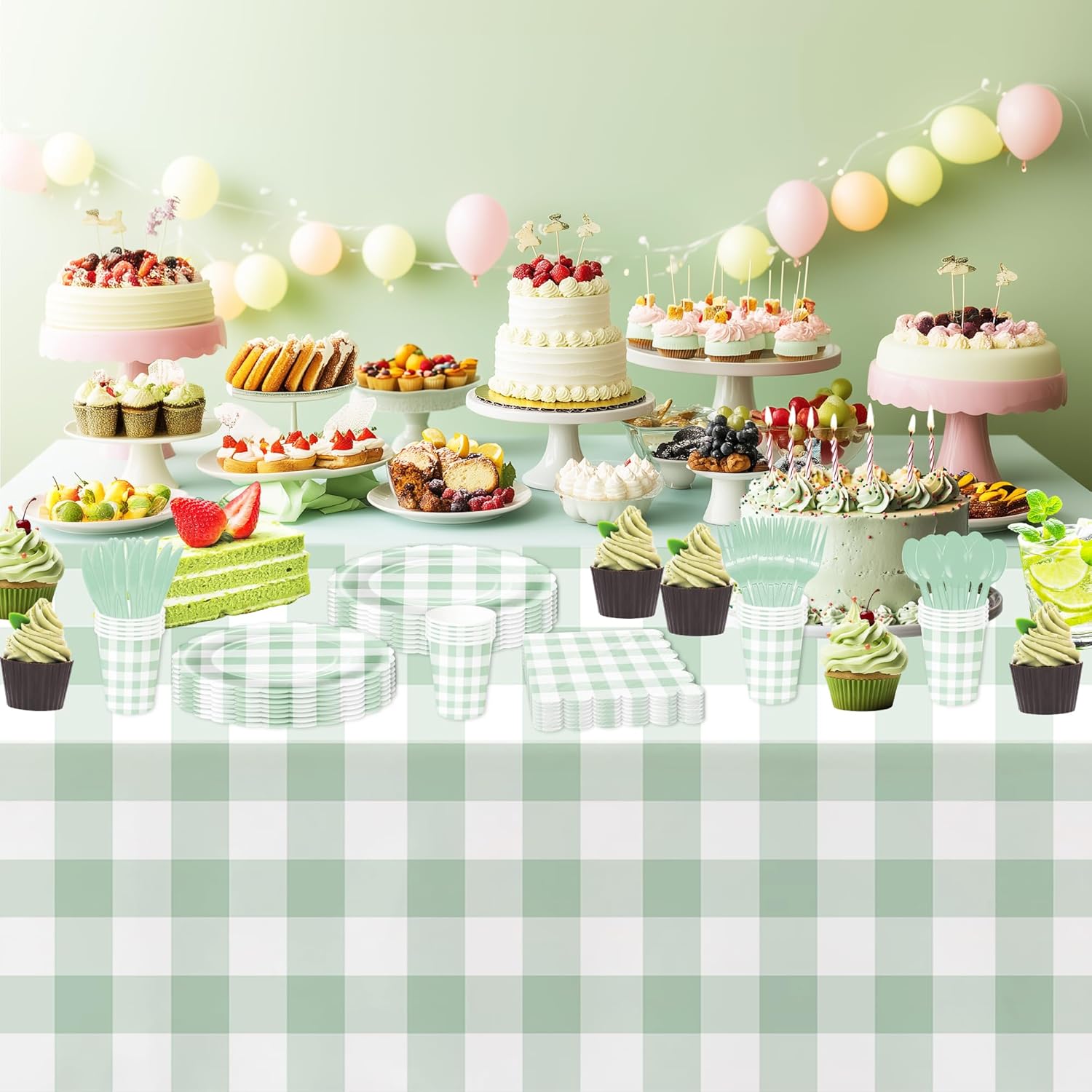 Sage Green Gingham Tablecloths - 3 Pack Disposable Plaid Party Supplies | 55in x 86in for Events