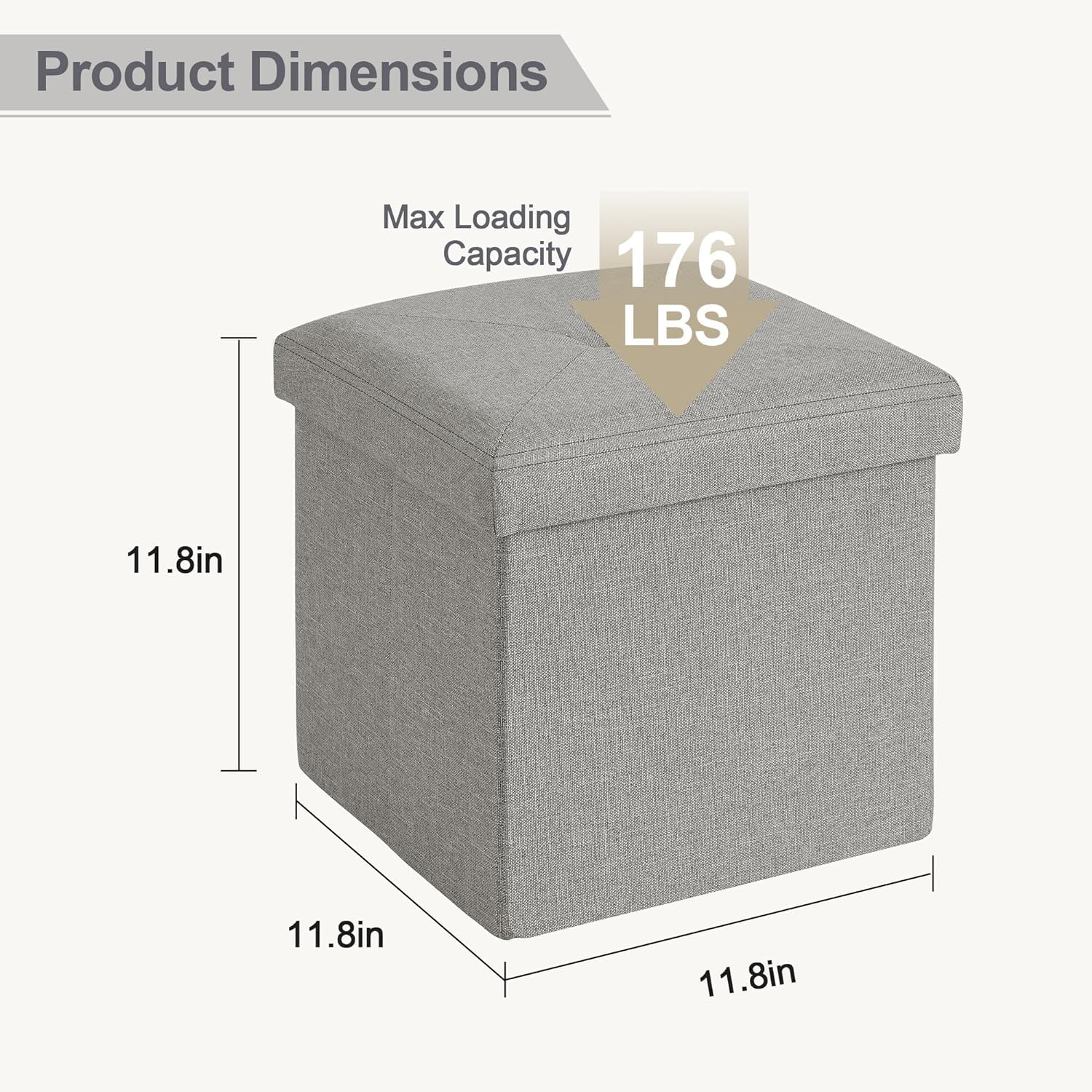 VECELO Storage Ottoman, 11.8'' Folding Footstools, Multipurpose Foot Rest Stool, Foldable Linen Fabric Ottomans, Small Square Ottoman Cube for Living Room/Bed Room/Dorm, Grey