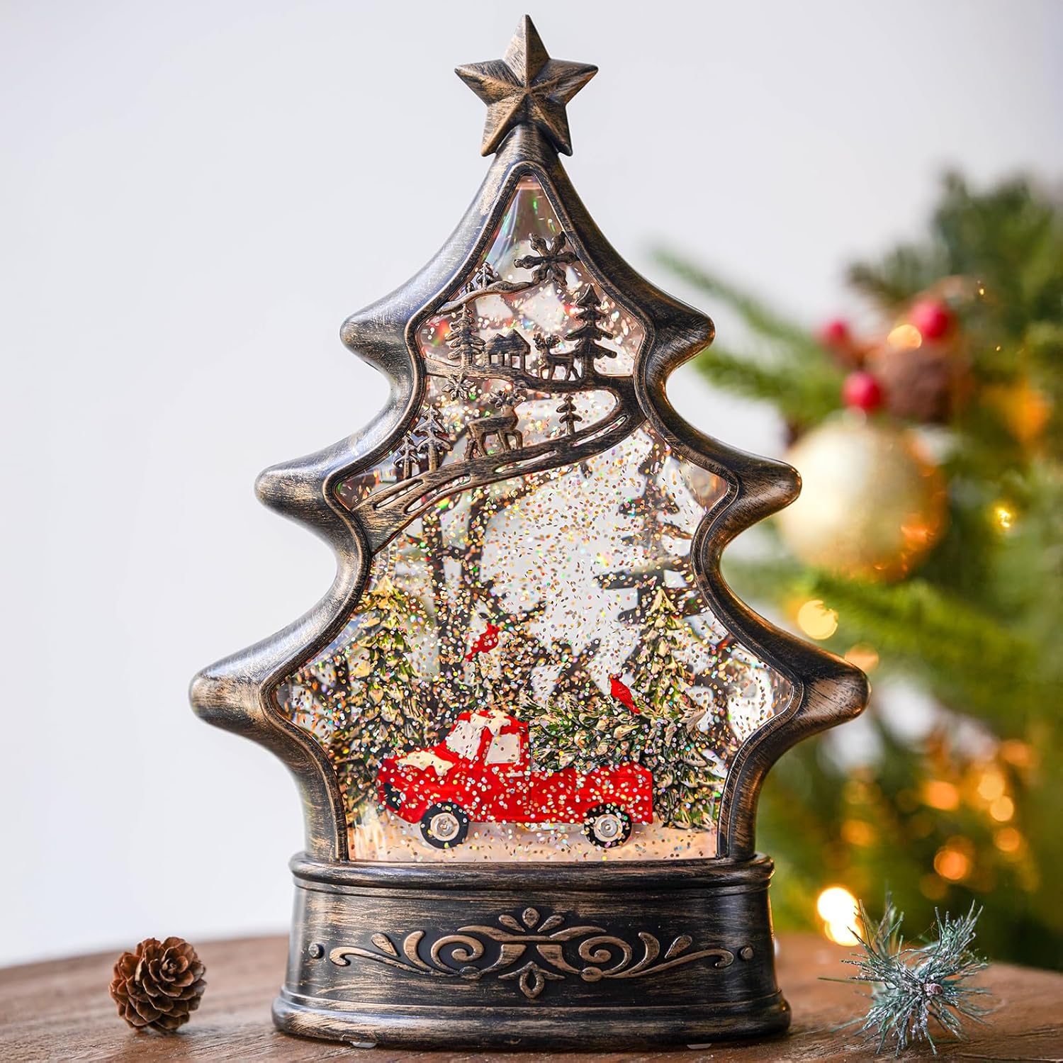 Regine Switzerland Snow Globe Lantern - Musical Lighted Christmas Tree with Red Truck - 11.5 Inch Holiday Decor