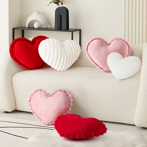 AELS Heart Shaped Pillow, Set of 2, Velvet Throw Pillows, Soft Velvet Love Pillows with Faux Fur Pom Poms, 20 & 16 Inches, Cute Valentines Day Decorations, Wedding Decor, Red