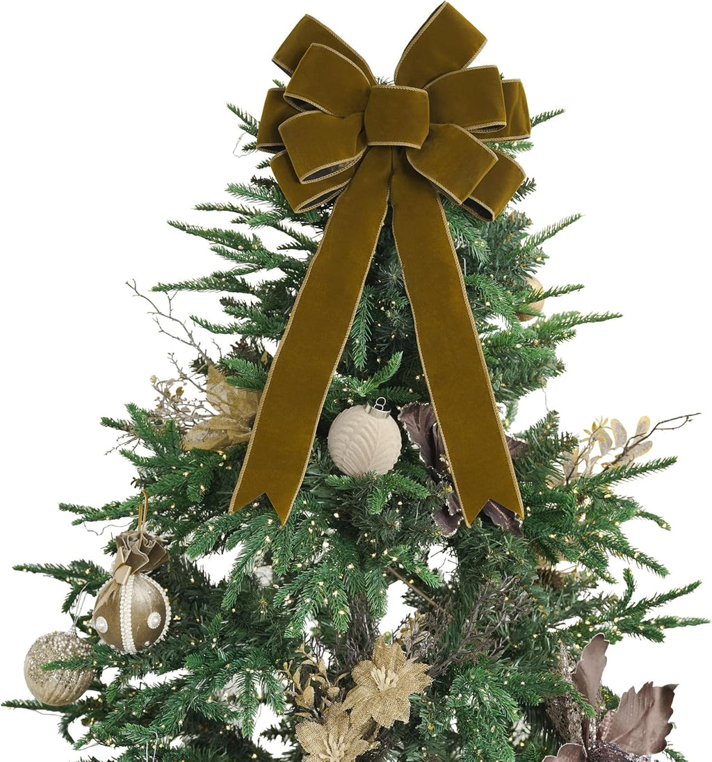 Skiennix 13-Inch Khaki Velvet Bow - Pre-Tied Rustic Decoration for Christmas Trees & Wreaths