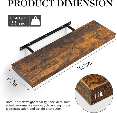 BAYKA Rustic Wood Floating Shelves - 22.5 Inches Wall Decor for Bathroom, Bedroom & Living Room (Rustic Brown)