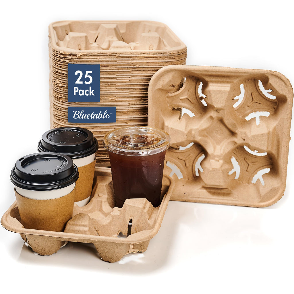 4 Cup 8 oz. - 32 oz. Drink Carriers & Paper Cup Holder (25 Pack) For Disposable Cups, Delivery Carrier- To Go - Coffee Drinks or Iced Drink Molded Fiber [25 Case Pack]