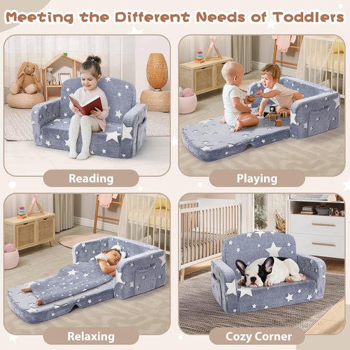 Foryoomi Extra Wide Kids Couch, 2-in-1 Soft Couch with Blanket, Glow in The Dark, Comfy Chair with Cloud Pillow, Convertible Sofa, Star