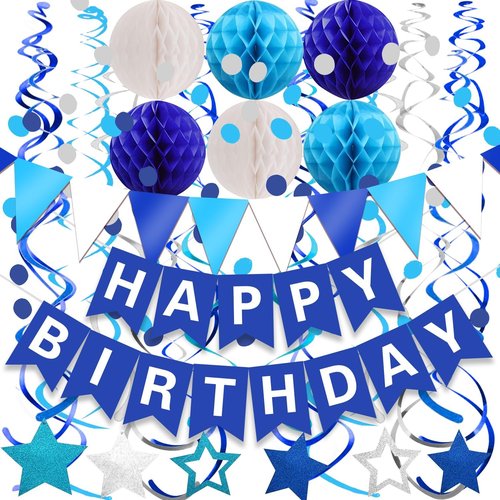 FECEDY Happy Birthday Banner - Navy Blue Paper Flag Garland with Confetti & Honeycomb Balls