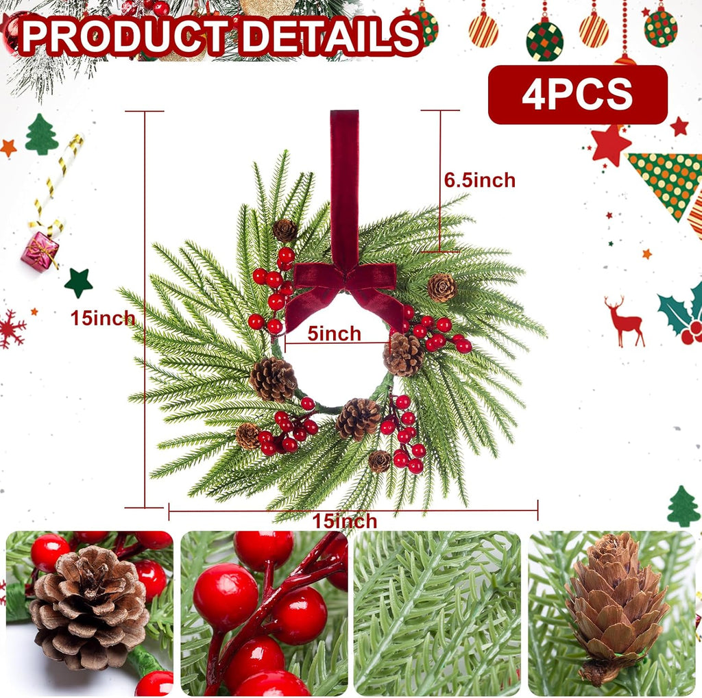 Skiennix Mini Christmas Wreaths - 15" Norfolk Pine Decor with Red Ribbon & Pine Cones | Set of 4