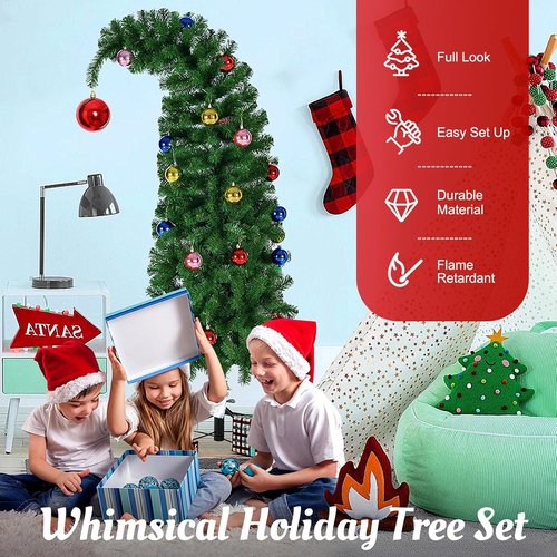 Hatisan 5FT Artificial Christmas Tree - Bent Green Design with Ball Ornaments & Metal Base for Holiday Decor