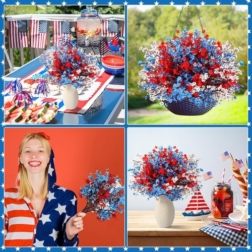 Lyrow Patriotic Artificial Flowers - 24 Pcs Red, Blue & White Floral Arrangements for 4th of July Decor | Perfect for Memorial Day & Table Centerpieces