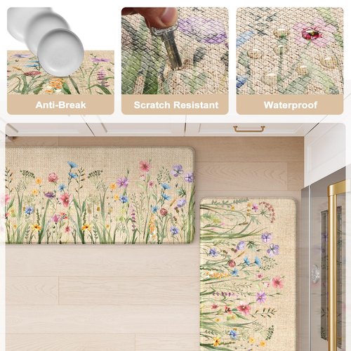 KIMODE Anti Fatigue Mats for Kitchen Floor 17"x59"+17"x29", Farmhouse Floral Kitchen Rugs, Cushioned Memory Foam Kitchen Mats, Comfort Standing Mat for Laundry, Office, Sink, Desk Brown