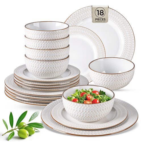 GBHOME Ceramic Dinnerware Sets,18 pcs Embossed Elegant Stoneware Plates and Bowls Sets, Housewarming Wedding Gift | Dishwasher & Microwave Safe | Dishes Set Service for 6