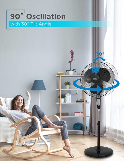 BLACK+DECKER 18-Inch Adjustable Stand Fan - Remote Control, 90-Degree Oscillation, 3 Speeds, Black