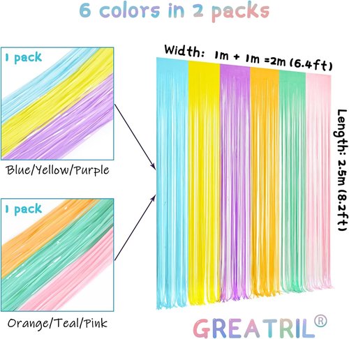 GREATRIL Pastel Tinsel Curtain - Foil Fringe Backdrop for Birthdays, Baby Showers & Parties