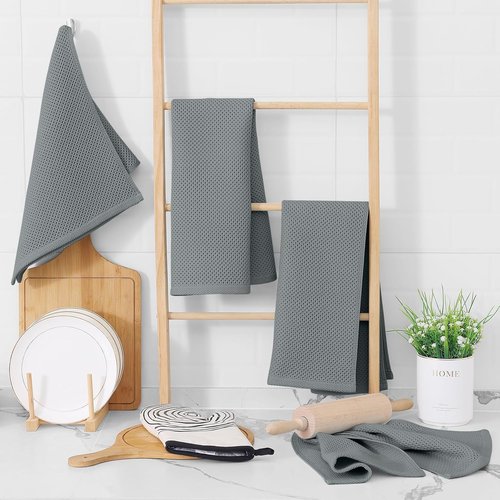 Homaxy Kitchen Dish Towels - 100% Cotton Waffle Weave, Ultra Soft & Absorbent, 13 x 28 Inches, 8-Pack | Grey
