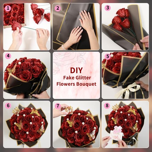 jabeick Glitter Roses Bouquet, Shiny Artificial Roses Flowers with Stems DIY Fake Glitter Flowers Bouquet for Valentines Mothers Day Graduation Birthday Anniversary, 24 Roses (Pink)